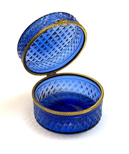 Antique French Cobalt Blue Glass Diamond Pattern Casket with Wreath and Bow Clasp
