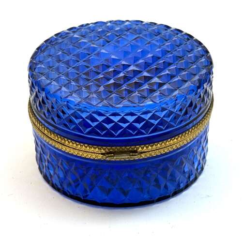 Antique French Cobalt Blue Glass Diamond Pattern Casket with Wreath and Bow Clasp