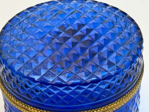 Antique French Cobalt Blue Glass Diamond Pattern Casket with Wreath and Bow Clasp