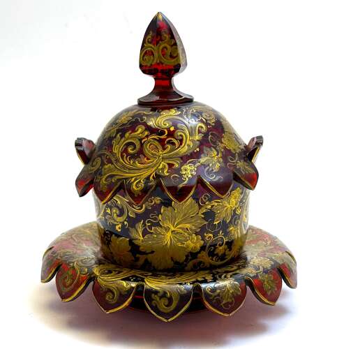 A Magnificent Antique Bohemian Moser Ruby Red and Gold Enamelled Glass Covered Dish