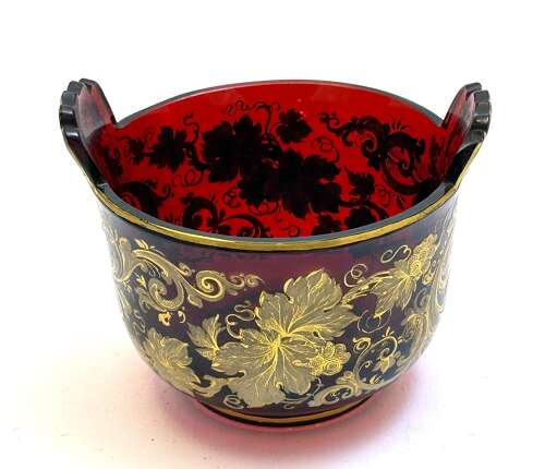 A Magnificent Antique Bohemian Moser Ruby Red and Gold Enamelled Glass Covered Dish