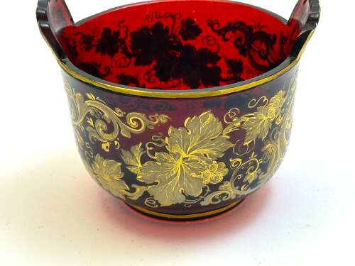 A Magnificent Antique Bohemian Moser Ruby Red and Gold Enamelled Glass Covered Dish