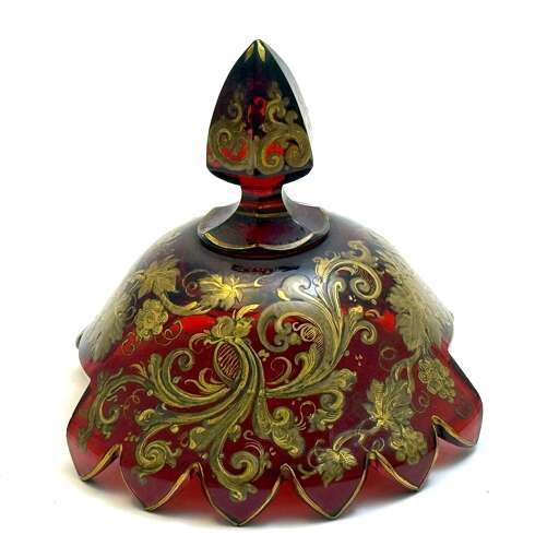 A Magnificent Antique Bohemian Moser Ruby Red and Gold Enamelled Glass Covered Dish