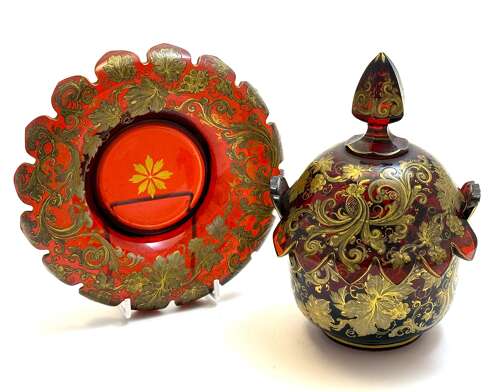 A Magnificent Antique Bohemian Moser Ruby Red and Gold Enamelled Glass Covered Dish