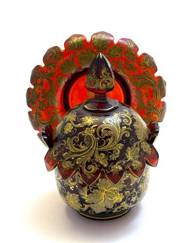 A Magnificent Antique Bohemian Moser Ruby Red and Gold Enamelled Glass Covered Dish