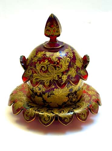 A Magnificent Antique Bohemian Moser Ruby Red and Gold Enamelled Glass Covered Dish
