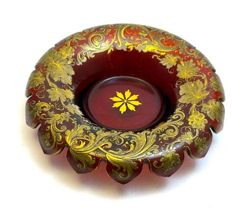 A Magnificent Antique Bohemian Moser Ruby Red and Gold Enamelled Glass Covered Dish