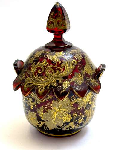 A Magnificent Antique Bohemian Moser Ruby Red and Gold Enamelled Glass Covered Dish