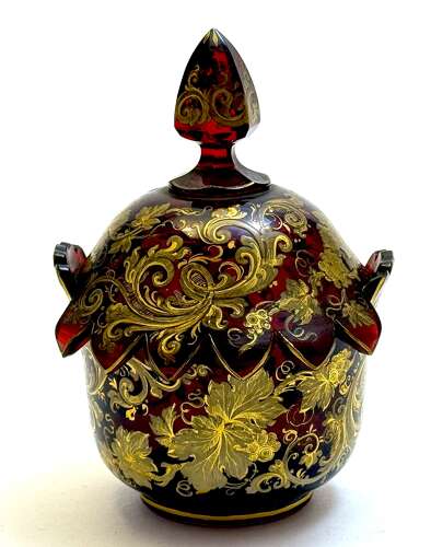A Magnificent Antique Bohemian Moser Ruby Red and Gold Enamelled Glass Covered Dish