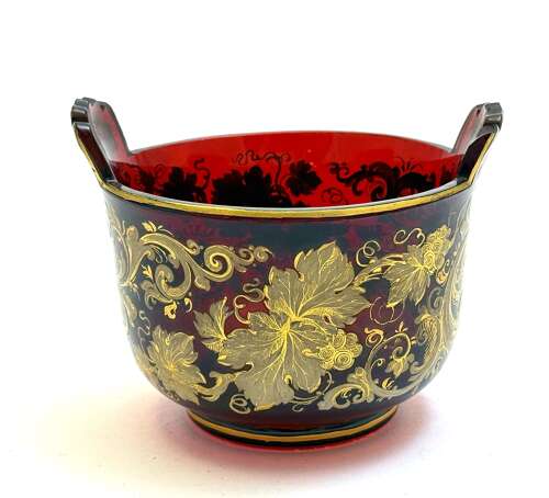 A Magnificent Antique Bohemian Moser Ruby Red and Gold Enamelled Glass Covered Dish