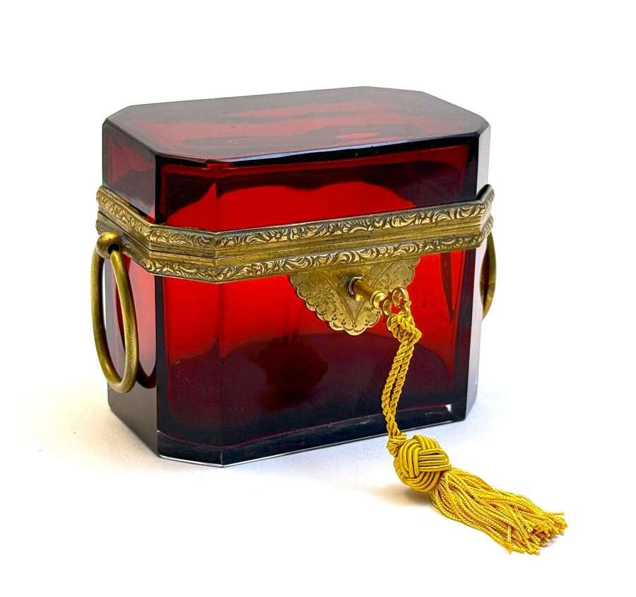 Antique Ruby Red Glass Casket with Fine Ornate Dore Bronze Mounts.
