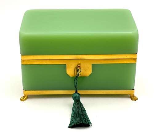 A Large Antique French Green Opaline Glass Casket with Smooth Dore Bronze Mounts.
