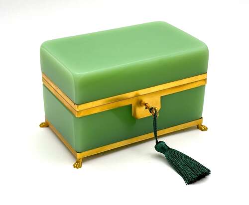 A Large Antique French Green Opaline Glass Casket with Smooth Dore Bronze Mounts.