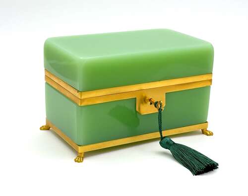 A Large Antique French Green Opaline Glass Casket with Smooth Dore Bronze Mounts.