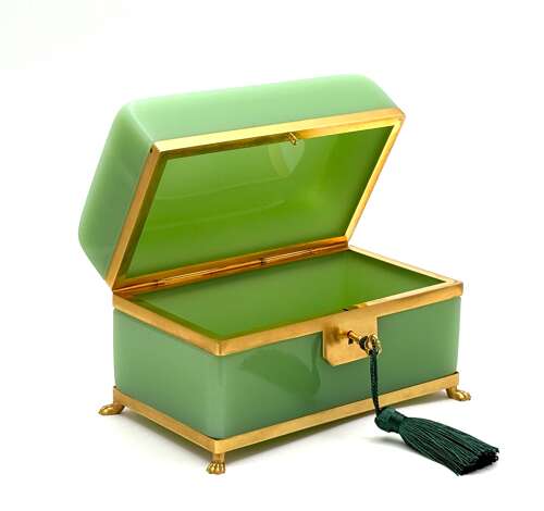 A Large Antique French Green Opaline Glass Casket with Smooth Dore Bronze Mounts.