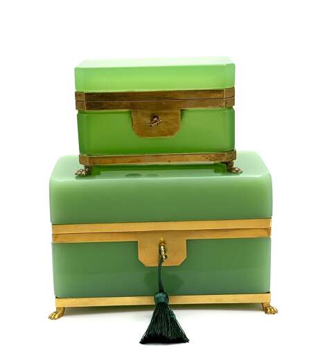 A Large Antique French Green Opaline Glass Casket with Smooth Dore Bronze Mounts.
