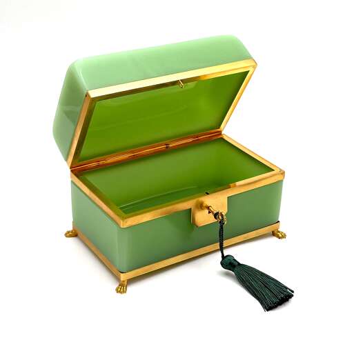 A Large Antique French Green Opaline Glass Casket with Smooth Dore Bronze Mounts.