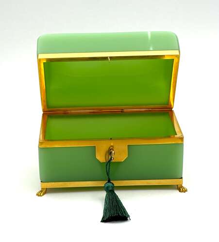 A Large Antique French Green Opaline Glass Casket with Smooth Dore Bronze Mounts.