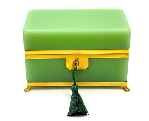 A Large Antique French Green Opaline Glass Casket with Smooth Dore Bronze Mounts.