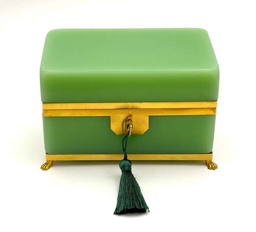 A Large Antique French Green Opaline Glass Casket with Smooth Dore Bronze Mounts.