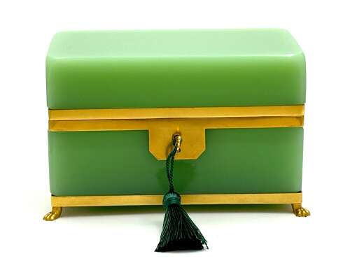A Large Antique French Green Opaline Glass Casket with Smooth Dore Bronze Mounts.