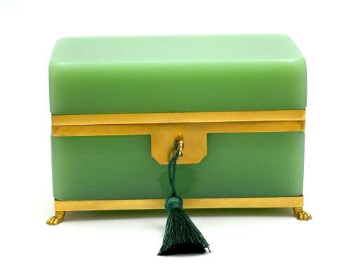 A Large Antique French Green Opaline Glass Casket with Smooth Dore Bronze Mounts.