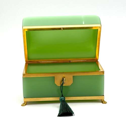 A Large Antique French Green Opaline Glass Casket with Smooth Dore Bronze Mounts.