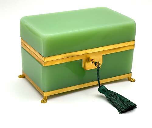 A Large Antique French Green Opaline Glass Casket with Smooth Dore Bronze Mounts.