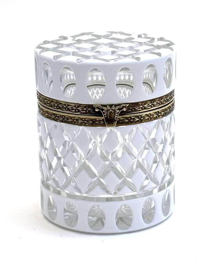 A Large Bohemian Cylindrical White&nbsp;Overlay Diamond Cut-Crystal&nbsp;Box