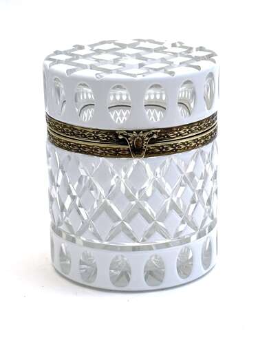 A Large Bohemian Cylindrical White Overlay Diamond Cut-Crystal Box