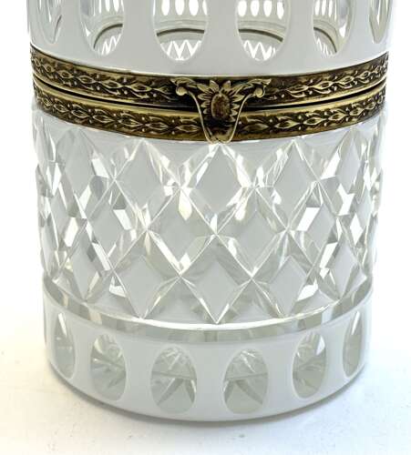 A Large Bohemian Cylindrical White Overlay Diamond Cut-Crystal Box
