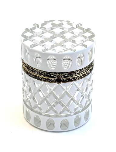 A Large Bohemian Cylindrical White Overlay Diamond Cut-Crystal Box