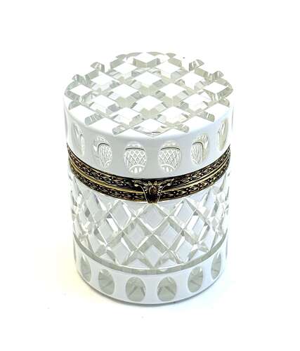 A Large Bohemian Cylindrical White Overlay Diamond Cut-Crystal Box