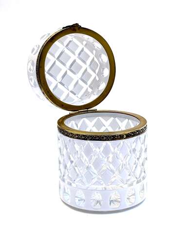 A Large Bohemian Cylindrical White Overlay Diamond Cut-Crystal Box