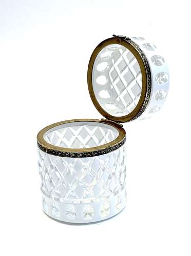 A Large Bohemian Cylindrical White Overlay Diamond Cut-Crystal Box