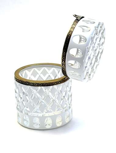A Large Bohemian Cylindrical White Overlay Diamond Cut-Crystal Box