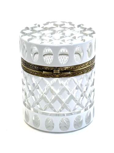 A Large Bohemian Cylindrical White Overlay Diamond Cut-Crystal Box