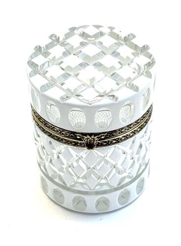 A Large Bohemian Cylindrical White Overlay Diamond Cut-Crystal Box
