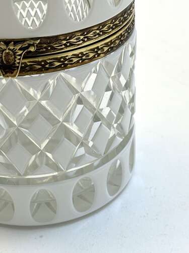 A Large Bohemian Cylindrical White Overlay Diamond Cut-Crystal Box