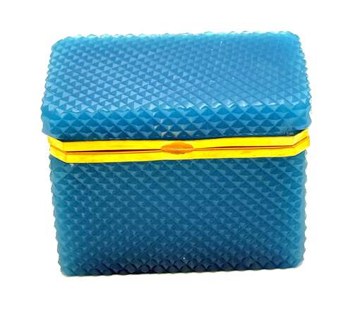 An Antique Turquoise Blue Opaline Diamond Cut Glass Casket.