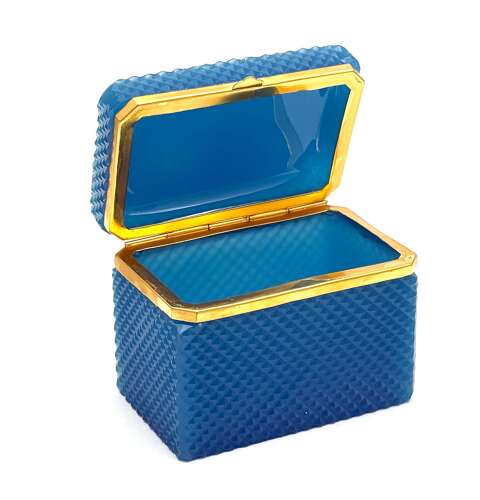An Antique Turquoise Blue Opaline Diamond Cut Glass Casket.