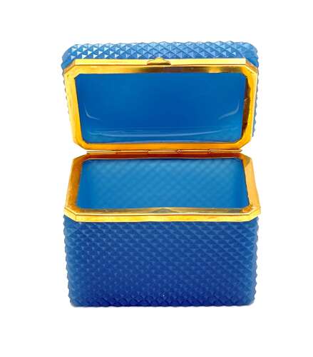 An Antique Turquoise Blue Opaline Diamond Cut Glass Casket.