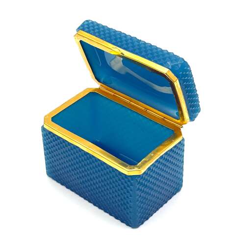 An Antique Turquoise Blue Opaline Diamond Cut Glass Casket.