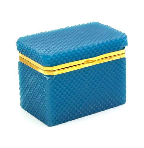 An Antique Turquoise Blue Opaline Diamond Cut Glass Casket.