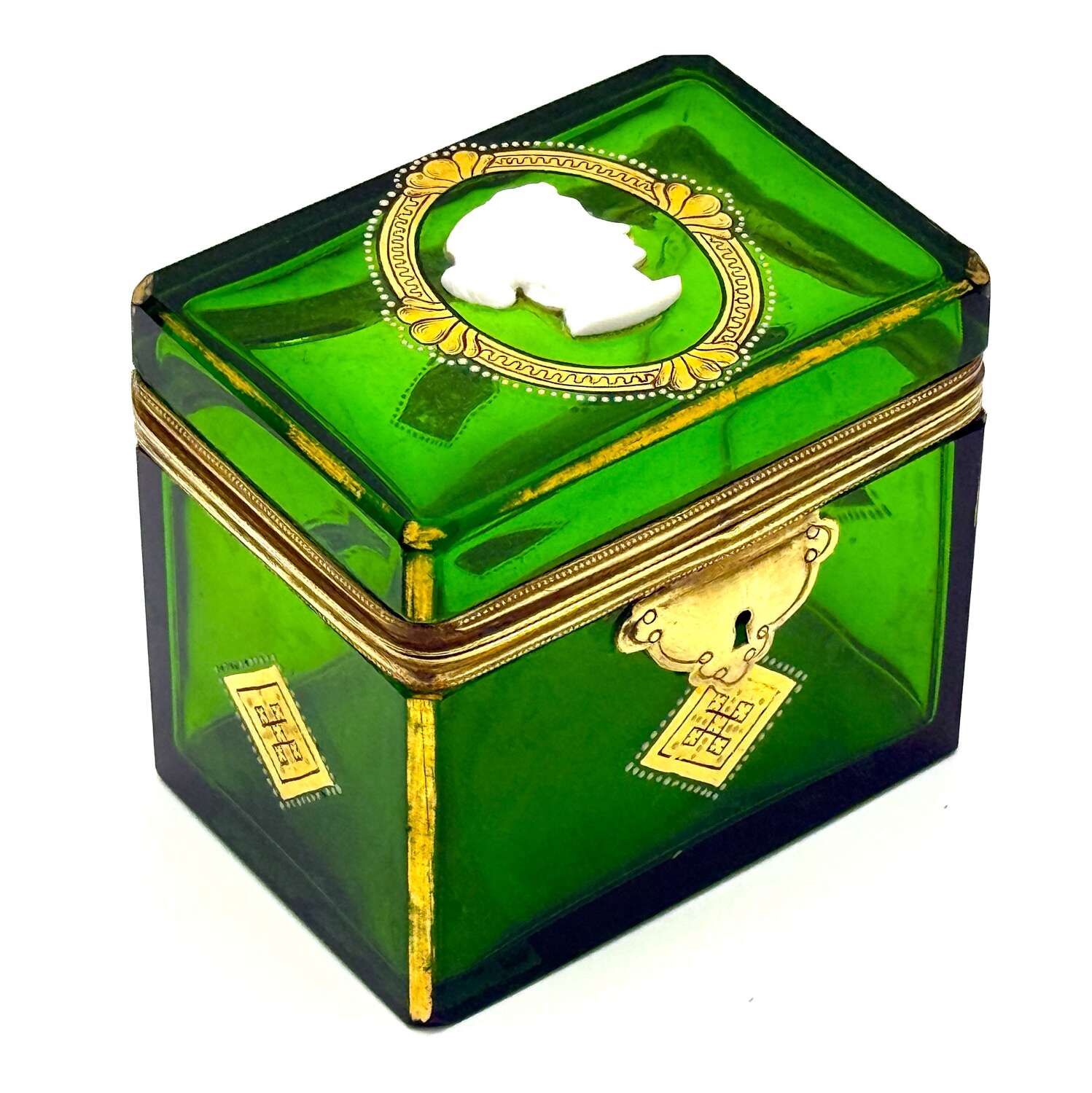 A Fine Antique French Emerald Green Glass Casket Decorated with a White Classical Cameo