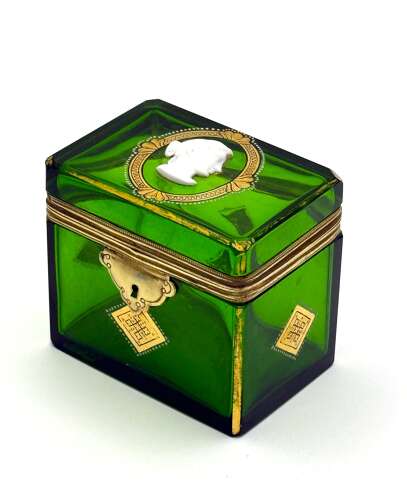 A Fine Antique French Emerald Green Glass Casket Decorated with a White Classical Cameo
