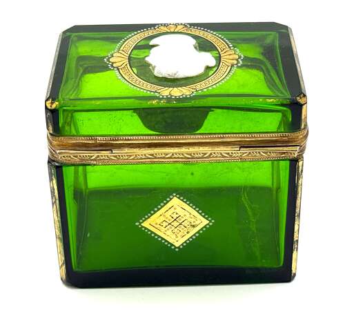 A Fine Antique French Emerald Green Glass Casket Decorated with a White Classical Cameo