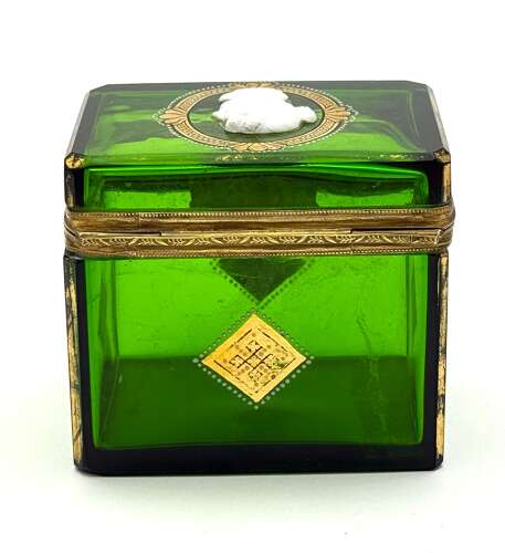 A Fine Antique French Emerald Green Glass Casket Decorated with a White Classical Cameo