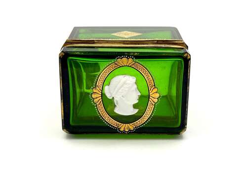 A Fine Antique French Emerald Green Glass Casket Decorated with a White Classical Cameo