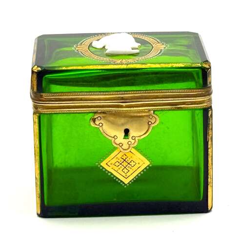 A Fine Antique French Emerald Green Glass Casket Decorated with a White Classical Cameo